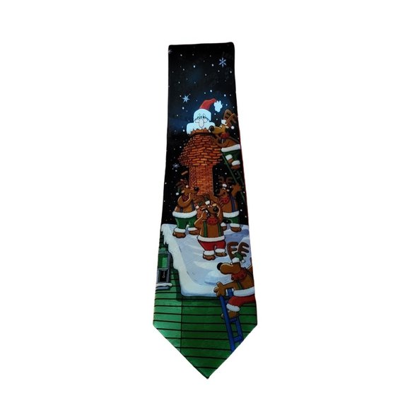 MMG Yule Hallmark Christmas Tie Navy Blue Santa Stuck in the Fireplace - Picture 5 of 12